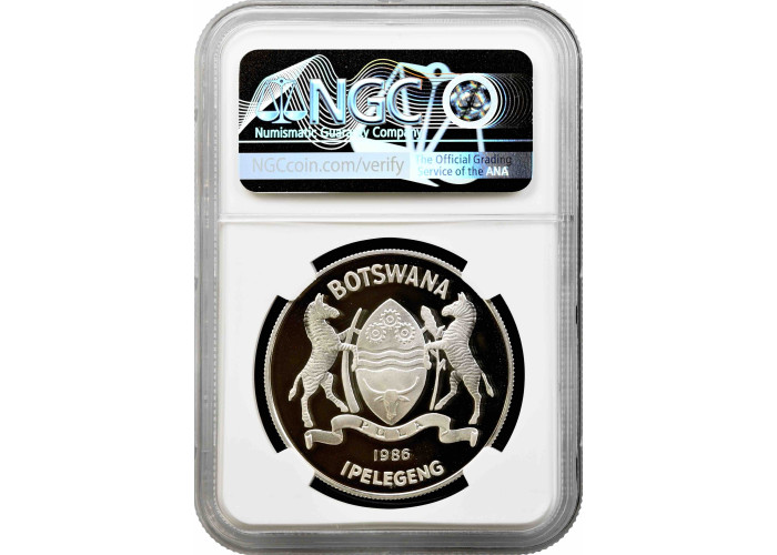 Botswana 2 pula 1986, NGC PF70 UC, "World Wildlife Fund - Slaty Egret" Top Pop