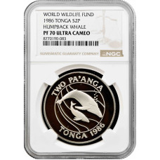 Tonga 2 paanga 1986, NGC PF70 UC, "World Wildlife Fund - Hunpback Whale" Top Pop