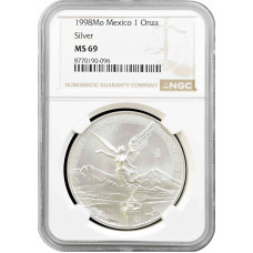 Mexiko 1 Onza 1998 Mo, NGC MS69, "Silberbullionmünze "Libertad"