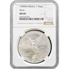 Mexiko 1 Onza 1998 Mo, NGC MS69, "Silberbullionmünze "Libertad"