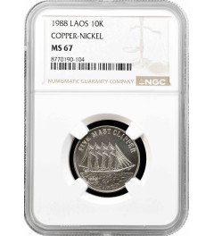 Laos 10 kip 1988, NGC MS67, "Five Mast Clipper /Ø24.1mm/"