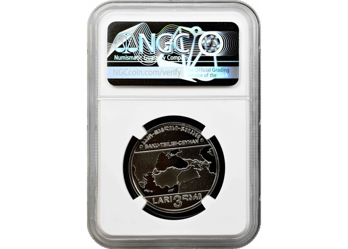 Georgien 3 Lari 2006, NGC PL69 UC, "Baku-Tiflis-Ceyhan Oel Pipeline" Top Pop