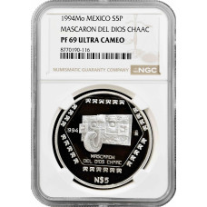 Mexico 5 pesos 1994 Mo, NGC PF69 UC, "Maya - Mascaron Del Dios Chaac"