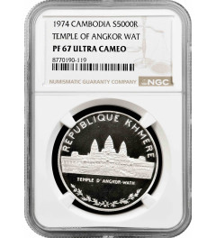 Cambodia 5000 riels 1974, NGC PF67 UC, "Angkor Wath" silver coin