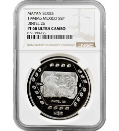 Mexico 5 pesos 1994 Mo, NGC PF68 UC, "Pre-Columbian Maya - Dintel 26"