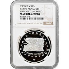 Mexiko 5 Pesos 1998 Mo, NGC PF69 UC, "Tolteken - Serpiente Con Craneo" Silber