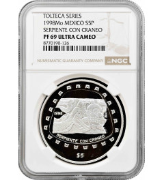 Mexico 5 pesos 1998 Mo, NGC PF69 UC, "Tolteca - Serpiente Con Craneo" silver
