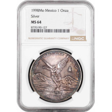 Мексика 1 онза 1998 г. Mo, NGC MS64, "Серебряная инвестиционная монета "Свобода" PATINA