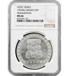 Mexico 5 pesos 1993 Mo, NGC MS66, "Pre-Columbian - Huehueteotl"