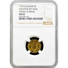 Ecuador 5 Centavos 1970, NGC MS65, „Souvenir-Set-Ausgabe – Geprägt in Messing“, Top Pop