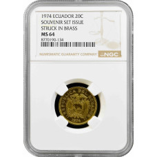 Ecuador 20 Centavos 1974, NGC MS64, „Souvenir-Set-Ausgabe – Geprägt in Messing“