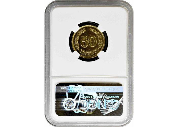 Эквадор 50 сентаво 1975г., NGC MS62, "Сувенирный набор - отчеканенный из латуни"