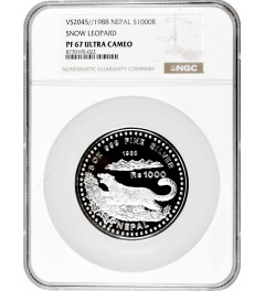 Nepal 1000 rupees BS 2045 (1988), NGC PF67 UC, "Wildlife - Snow Leopard"