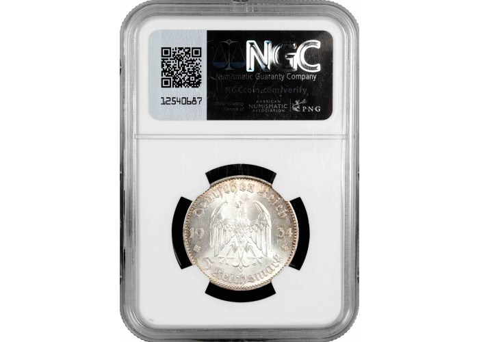 Германия - Третий рейх 5 рейхсмарок 1934 г. J, NGC MS63, "Гарнизонная церковь в Потсдаме"