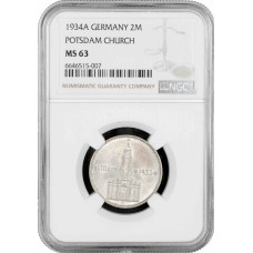 Германия - Третий рейх 2 рейхсмарки 1934 г. A, NGC MS63, "Гарнизонная церковь в Потсдаме"