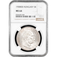 Hungary 5 korona 1908 KB, NGC MS64, "Emperor Franz Joseph I (1867 - 1916)"