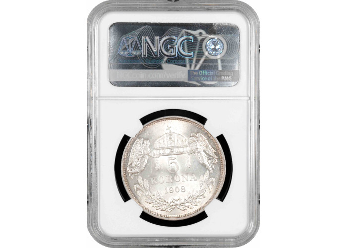 Hungary 5 korona 1908 KB, NGC MS64, "Emperor Franz Joseph I (1867 - 1916)"