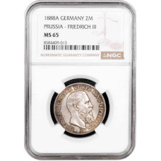 Пруссия 2 марки 1888 г., NGC MS65, "Король Фридрих III (03.1888 - 06.1888)"