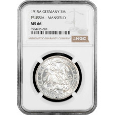 Пруссия 3 марки 1915 г. A, NGC MS66, "100 лет присоединению Мансфельда"