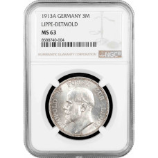 Lippe-Detmold 3 mark 1913 A, NGC MS63, "Prince Leopold IV (1905 - 1918)"