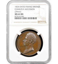 France bronze medal 1824, NGC MS64 BN, "Accession/coronation of Charles X"