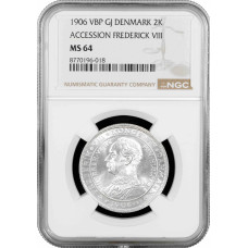Дания 2 кроны 1906 г. VBP, NGC MS64, "Смерть Кристиана IX и вступление на престол Фредерика VIII"