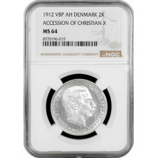 Дания 2 кроны 1912 г. VBP AH, NGC MS64, "Смена правителя престола"