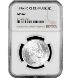 Denmark 2 kroner 1876 HC CS, NGC MS62, "King Christian IX (1873 - 1906)" silver