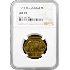 Бельгийское Конго 2 франка 1943 г., NGC MS64, "Колония Бельгии (1909 - 1949)"