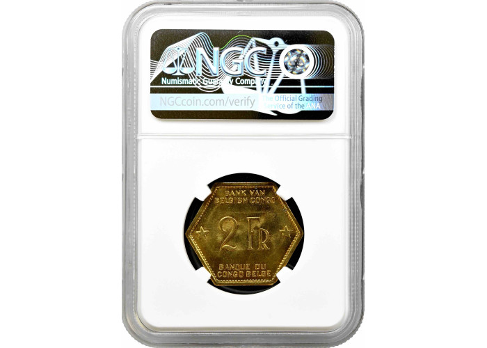 Бельгийское Конго 2 франка 1943 г., NGC MS64, "Колония Бельгии (1909 - 1949)"