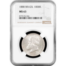 Brazil 1000 reis 1888, NGC MS63, "Emperor Pedro II (1831 - 1889)" silver coin