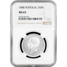 Portugal 500 reis 1888, NGC MS63, "King Luís I (1861 - 1889)" silver coin