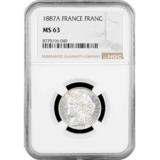 Франция 1 франк 1887 г. A, NGC MS63, "Третья Республика (1870 - 1941)"