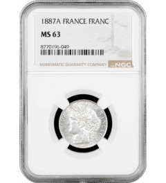 France 1 franc 1887 A, NGC MS63, "Third Republic (1870 - 1941)" silver coin