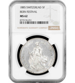 Switzerland 5 francs 1885, NGC MS62, "Bern Shooting Festival" silver coin