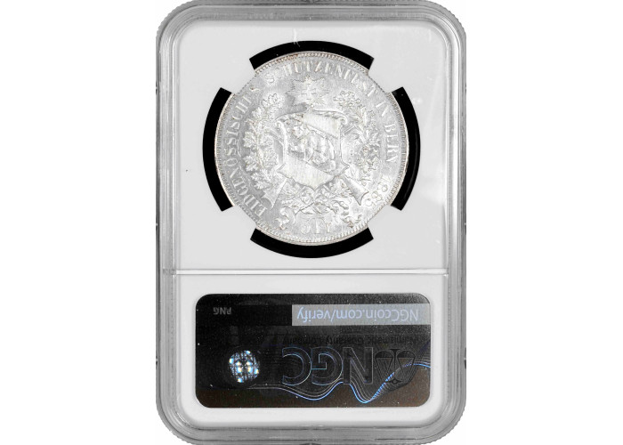 Швейцария 5 франков 1885 г., NGC MS62, "Стрелковый фестиваль в Берне"