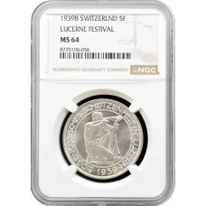 Switzerland 5 francs 1939 B, NGC MS64, "Lucerne Shooting Festival" silver coin
