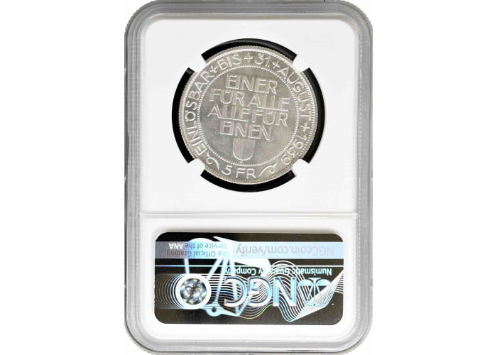 Switzerland 5 francs 1939 B, NGC MS64, "Lucerne Shooting Festival" silver coin
