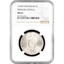 Switzerland 5 francs 1934, NGC MS65, "Fribourg Shooting Festival" silver coin