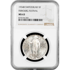Switzerland 5 francs 1934, NGC MS63, "Fribourg Shooting Festival" silver coin