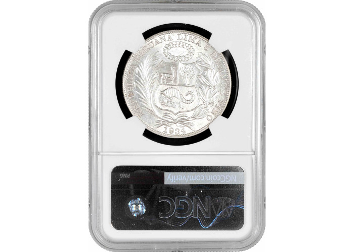 Peru 1 Sol 1934, NGC AU58, "Republik Peru (1863 - 1917)" Silbermünze