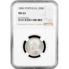 Portugal 200 reis 1886, NGC MS62, "King Luís I (1861 - 1889)" silver coin