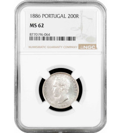 Portugal 200 reis 1886, NGC MS62, "King Luís I (1861 - 1889)" silver coin