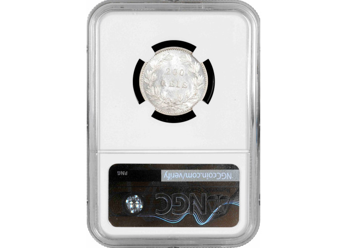 Portugal 200 reis 1886, NGC MS62, "King Luís I (1861 - 1889)" silver coin