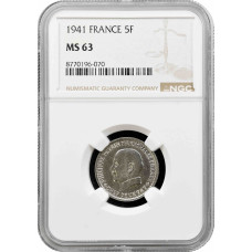 France 5 francs 1941, NGC MS63, "Marshal Philippe Petain"
