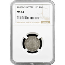 Швейцария 20 раппенов 1858 г. B, NGC MS64, "Швейцарская Конфедерация (1850 - 1916)"