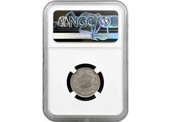 Швейцария 20 раппенов 1858 г. B, NGC MS64, "Швейцарская Конфедерация (1850 - 1916)"