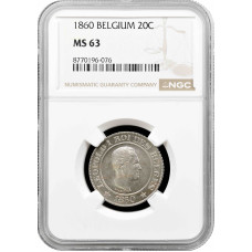 Бельгия 20 сантимов 1860 г., NGC MS63, "Король Леопольд I (1832 - 1865)" РЕДКАЯ ДАТА БЕЗ ТОЧКИ