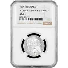 Бельгия 2 франка 1880 г., NGC MS61, "50 лет независимости"
