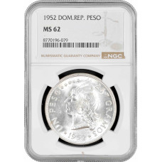Dominican Republic 1 peso 1952, NGC MS62, "Dominican Republic (1937 - 2020)"